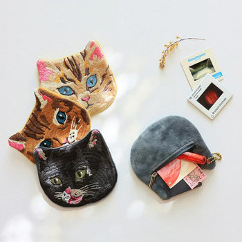 Japanese nathalie lete cat illustration embroidery cat face coin purse cartoon cute small things storage bag