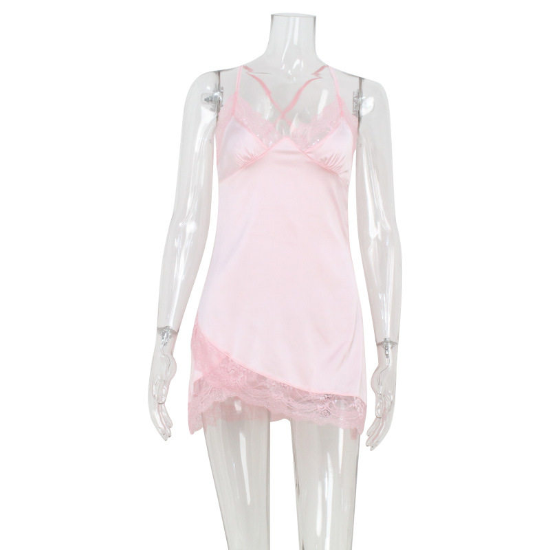 V Neck Lace Trim Satin Dress Soft Skin Friendly Fabric Pink Color Summer Style Wholesale Available