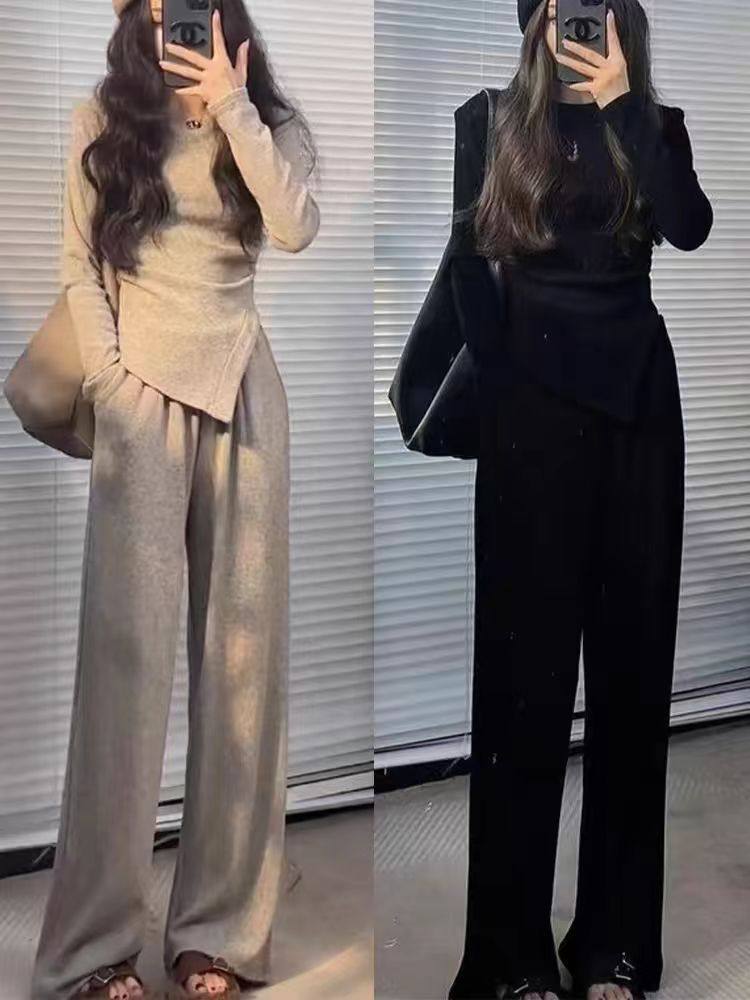Spring New Casual Suit Women's Slim Fit Asymmetrical Long-Sleeved T-Shirt High-Waist Draped Wide-Leg Pants Two-Piece Set