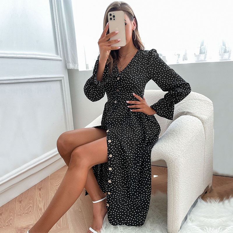 Black Polka Dot Long Sleeve Dress Elegant Design Autumn Fashion Comfortable Fit Wholesale Available