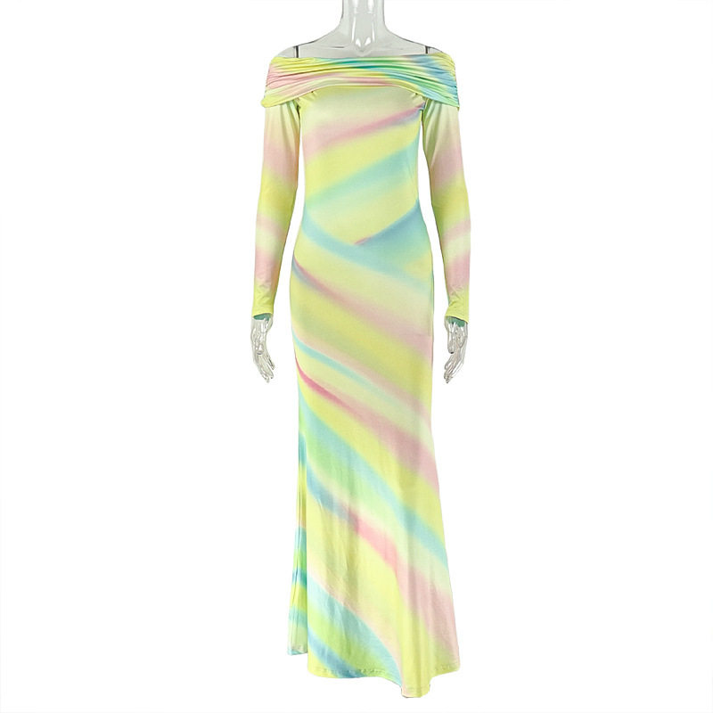 Casual Floral Print Bodycon Dress Off Shoulder Long Sleeve Color Block Design Perfect for Vacation or Everyday Wear