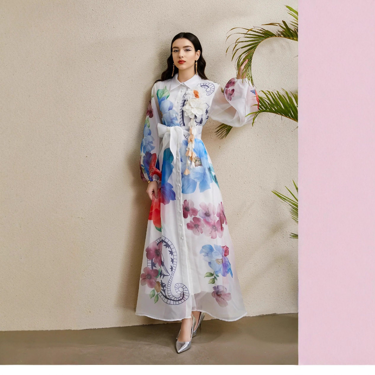 Vintage Floral Print Puff Sleeve Maxi Dress for Women Autumn Waist Tie Design Elegant Style Wholesale Available