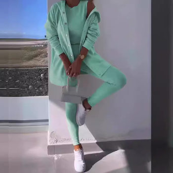 2024 spring new women's sports casual hooded sweater thickened thread slim vest pants three-piece set