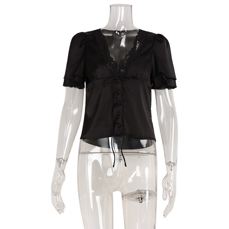 French Lace Panel Tie T Shirt Slim Fit Short Sleeve Summer Style Perfect for Casual Outings Wholesale Available