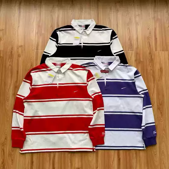 Cross border celebrity with the same hook, co branded tricolor striped long sleeved polo shirt, embroidered cuffs, men's and women's hook, same style