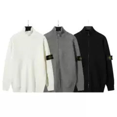 Stone Functional Zipper Open-Front Stand Collar Knit Sweater for Autumn and Winter, Unisex, Versatile, Casual, Solid Color Sweater with Ius Badge