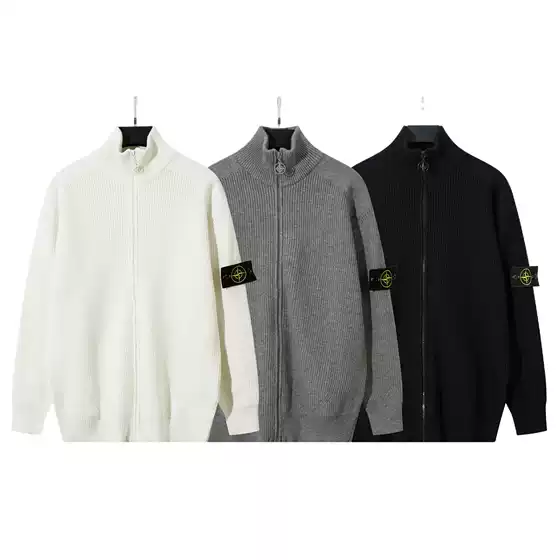 Stone Functional Zipper Open-Front Stand Collar Knit Sweater for Autumn and Winter, Unisex, Versatile, Casual, Solid Color Sweater with Ius Badge