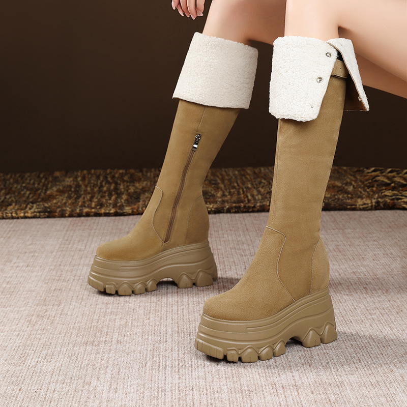 Boot Cổ Cao Nữ Chất Liệu Da Bò Cao 12cm Cổ Cao Qua Gối Đế Cao