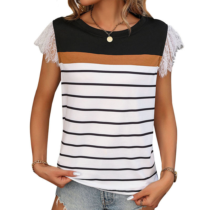 Elegant Casual Striped Lace Sleeveless T Shirt for Women Round Neck Trendy Design Perfect for Spring Summer Wholesale