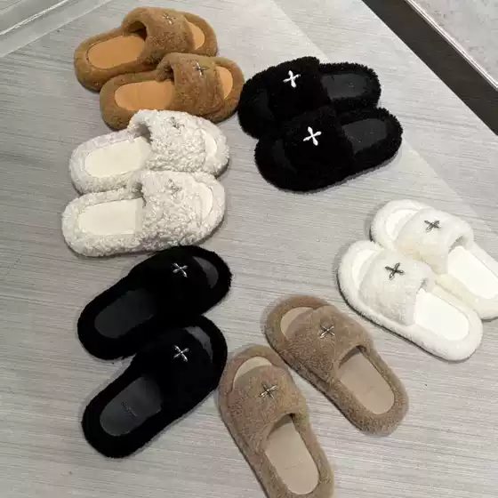 Smfk Cross Statue Fur Integrated Slippers Shearling Thick-Soled Casual Slippers 25 Autumn and Winter New Style