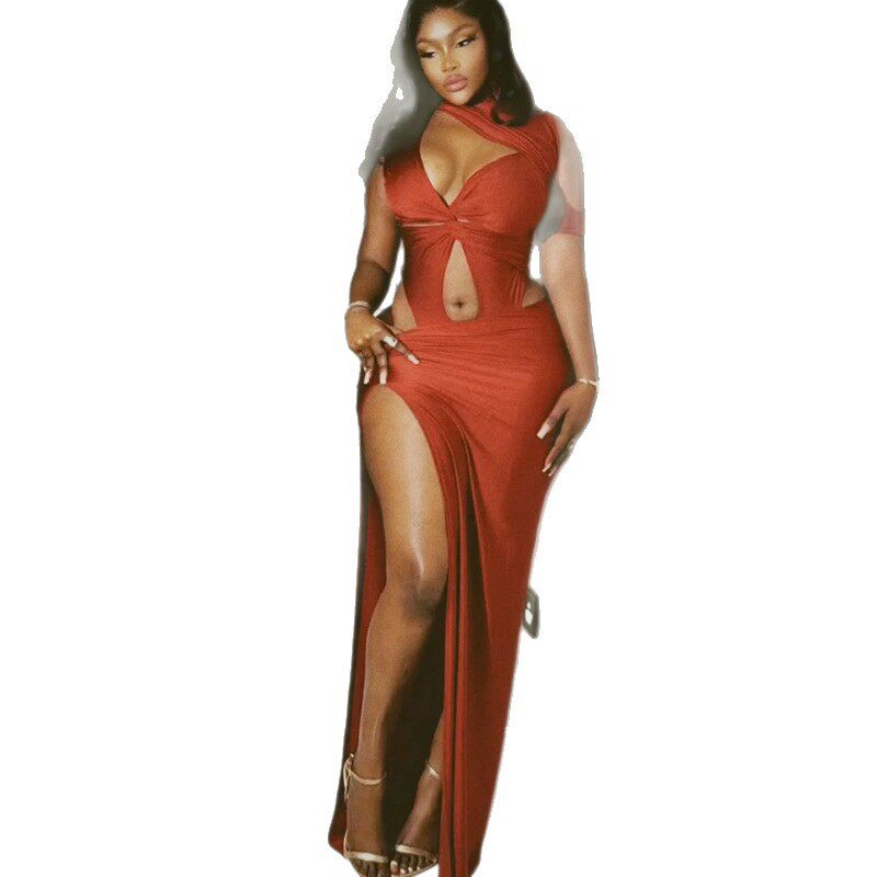 Womens Fashion Dress Solid Color Asymmetrical Hem Slit Design Ruffled Details Casual or Evening Wear Wholesale