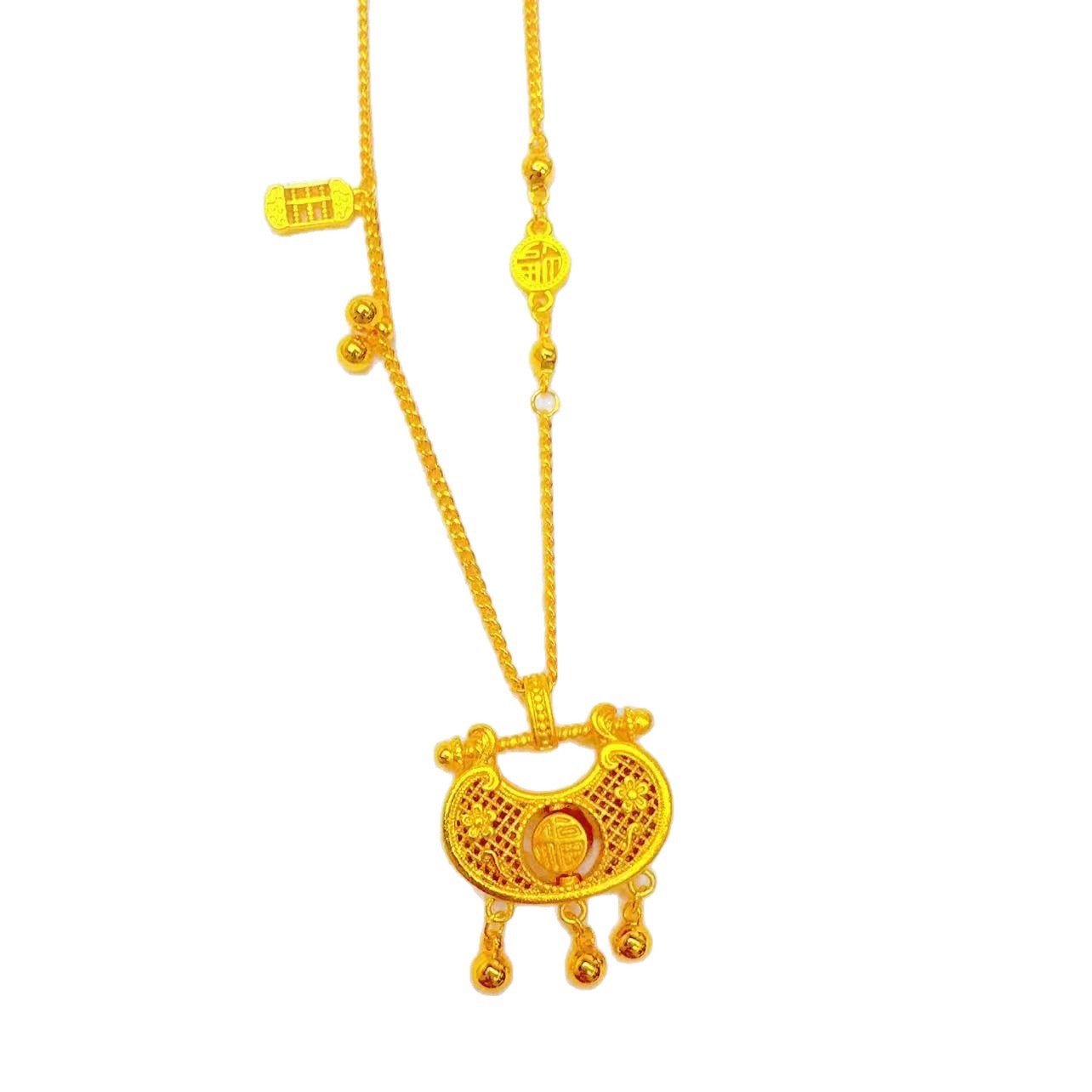 Tiktok Popular Sand Gold Rotatable Auspicious Ruyi Blessing Lock Necklace for Women Hollow Filigree Bell Clavicle Chain Wholesale