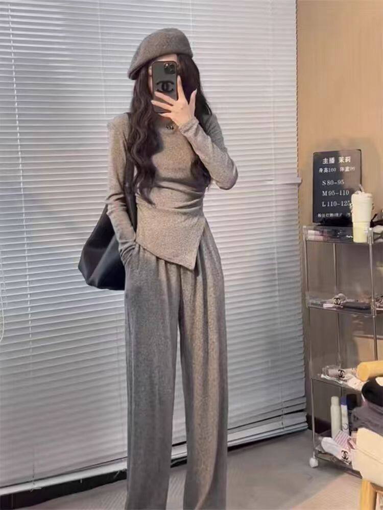 Spring New Casual Suit Women's Slim Fit Asymmetrical Long-Sleeved T-Shirt High-Waist Draped Wide-Leg Pants Two-Piece Set