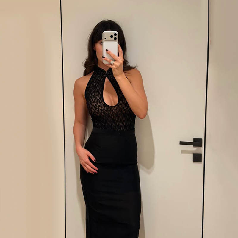 Sleeveless Lace Panel Maxi Dress Sheer Figure Hugging Solid Color Spring Summer Fashion for Parties Wholesale