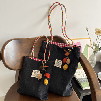 American Style Double Bread Plaid Denim Canvas Bag All-match Commuter Tote Bag Two-sided Available Vintage Contrast Hand Bag