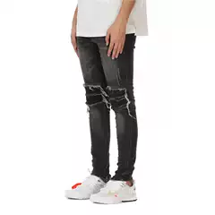European and American High Street Foreign Trade Black Blue High Street Motorcycle Leather Jeans