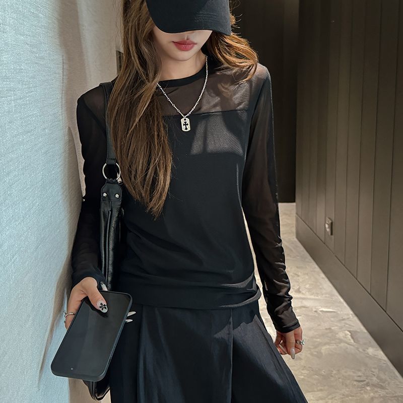 Mesh Long Sleeve T Shirt Slim Fit Round Neck Color Block Design Casual Wear Versatile Top Wholesale Available