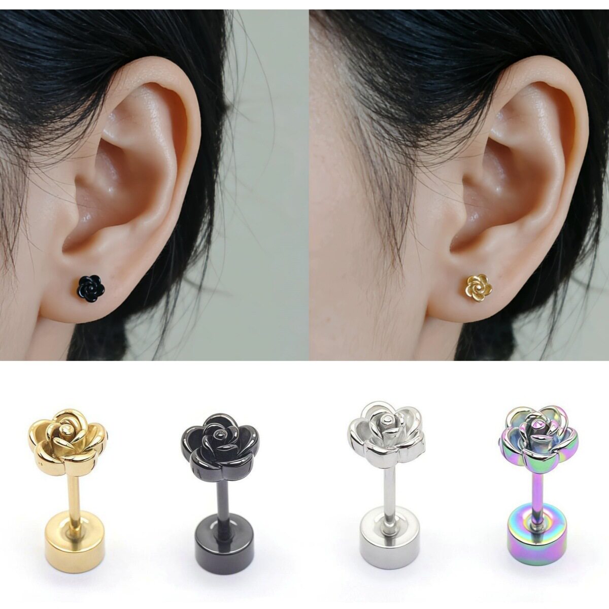 Cross-Border Trendy Women's Rose Stainless Steel Earrings Simple and Personalized Vacuum Electroplating 18K Jewelry Small Wholesale