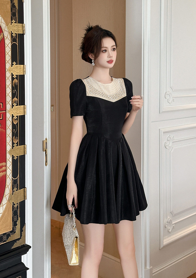 Đầm ôm body nữ cổ tròn tay ngắn eo cao phong cách Pháp — [Đen trứng cá] chi tiết 5