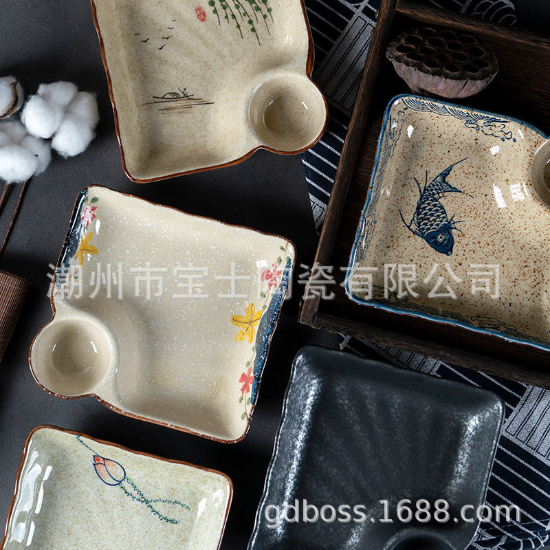 Japanese-Style Hand-Painted Ceramic Dumpling Plate with Vinegar Dish, Square Dumpling Plate, Household Sushi Plate, French Fries Plate, Chinese Trendy Style