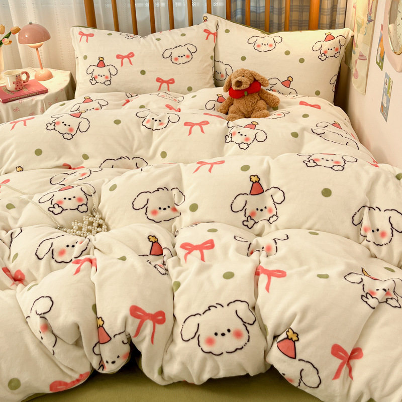 Winter Thickened Milk Velvet Four-Piece Set with Fleece Double-Sided Flannel Duvet Cover and Fleece Bed Sheet Dormitory Three-Piece Set Wholesale