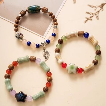 Jingdezhen Jewelry Wholesale Ethnic Style Ceramic Bracelet Women's Leaf Full Bead Bracelet Student National Style Bracelet Handmade