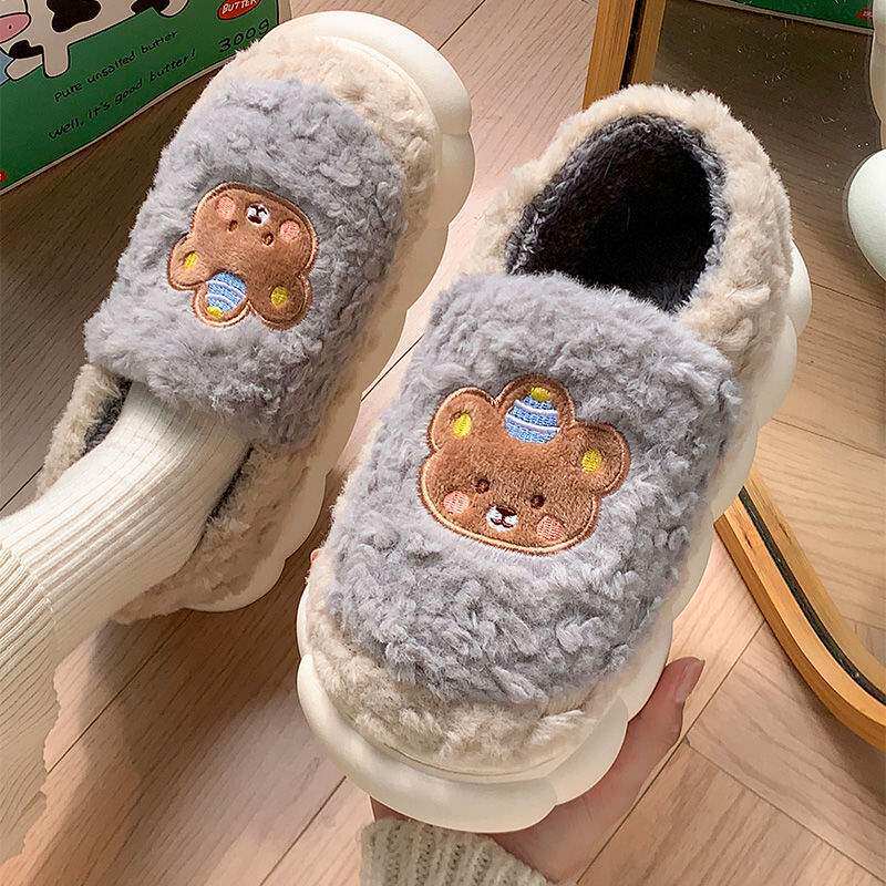 Couple Slippers Plush Printed Bear Thick-Soled Non-Slip Heightening Warm Cotton Slippers for Women 2025 Autumn and Winter New Style