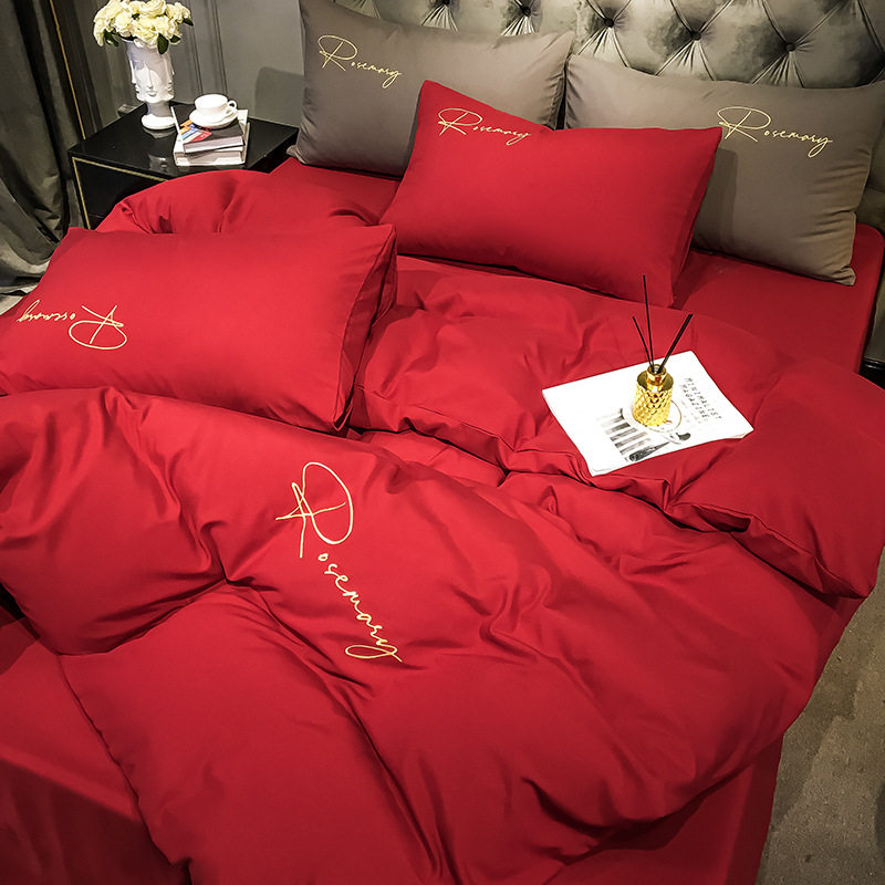 New pure color washed cotton embroidery four-piece set high-end red wedding bedding student dormitory quilt cover wholesale