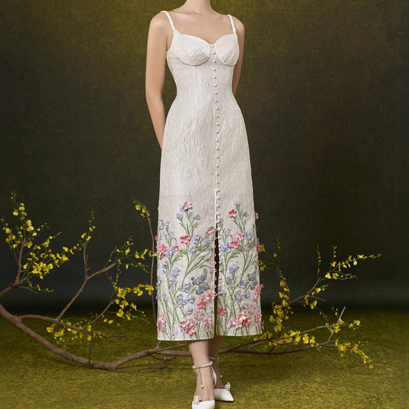 Đầm midi ôm body nữ họa tiết hoa nổi 3D tay không cổ V — Màu như ảnh
