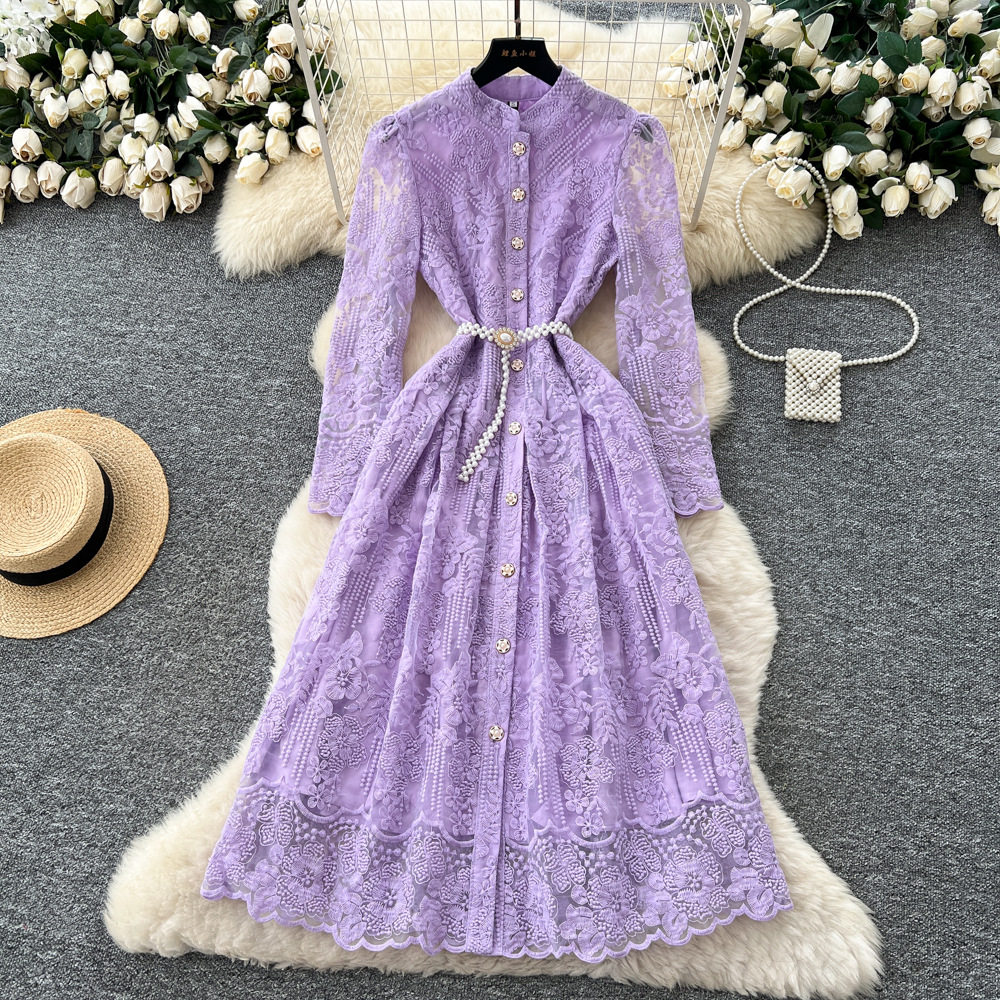 Elegant French High End Womens Dress Embroidered Button Down Waist Tie Long Mesh Skirt Autumn Collection