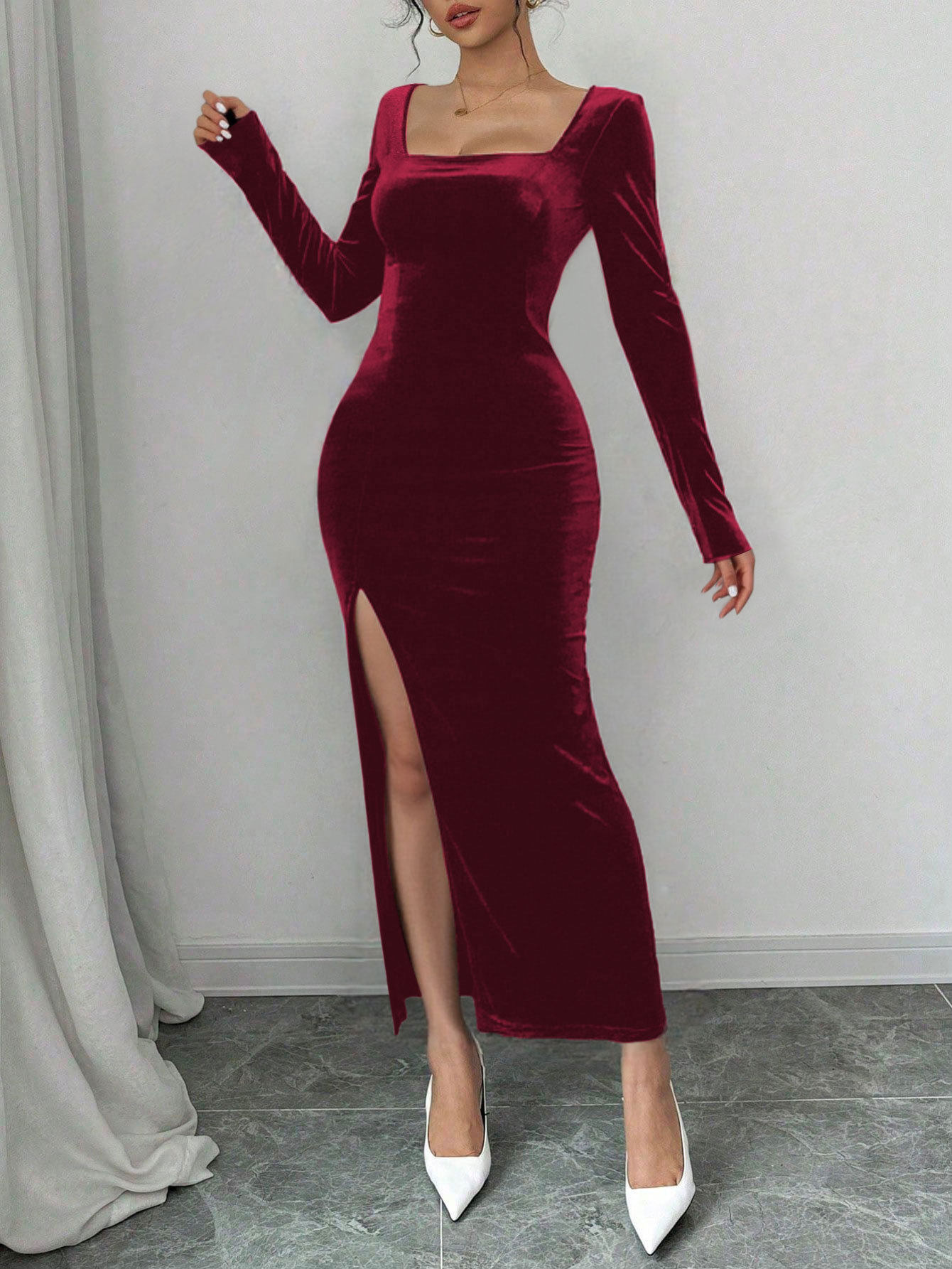 Velvet Maxi Dress High Waist Sexy Split Long Sleeve Square Neck Spring Summer Fashion Wholesale Available