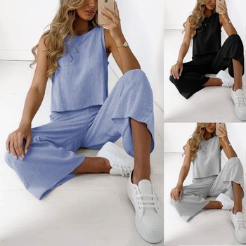 Amazon Explosions 2024 Summer New Cotton and Linen suit European and American Sleeveless Top Nine Wide Leg Pants Two-Piece Set for Women