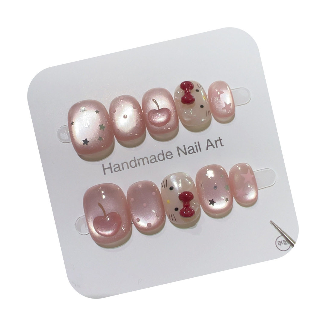 [Pink Crystal Kitty] Soft and Cute Hello Kitty Sweet Girl Stereo Fruit Decoration Daily Cute Style Whitening Wearable Nails