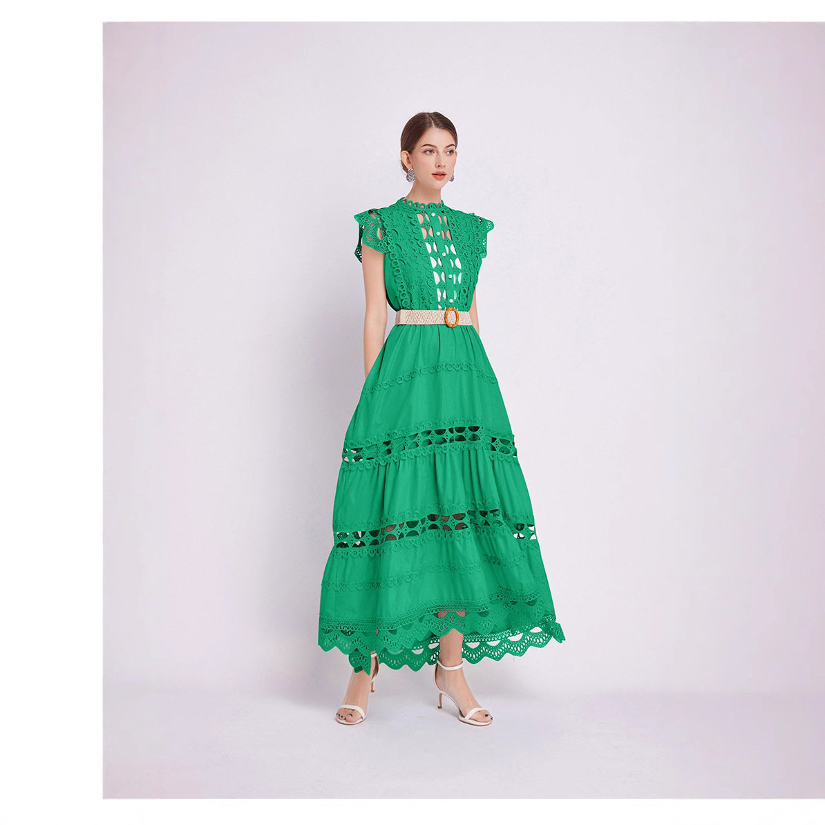 Elegant Sleeveless Dress French Style High Quality Lace Hollow Embroidery Waist Defining Perfect for Formal