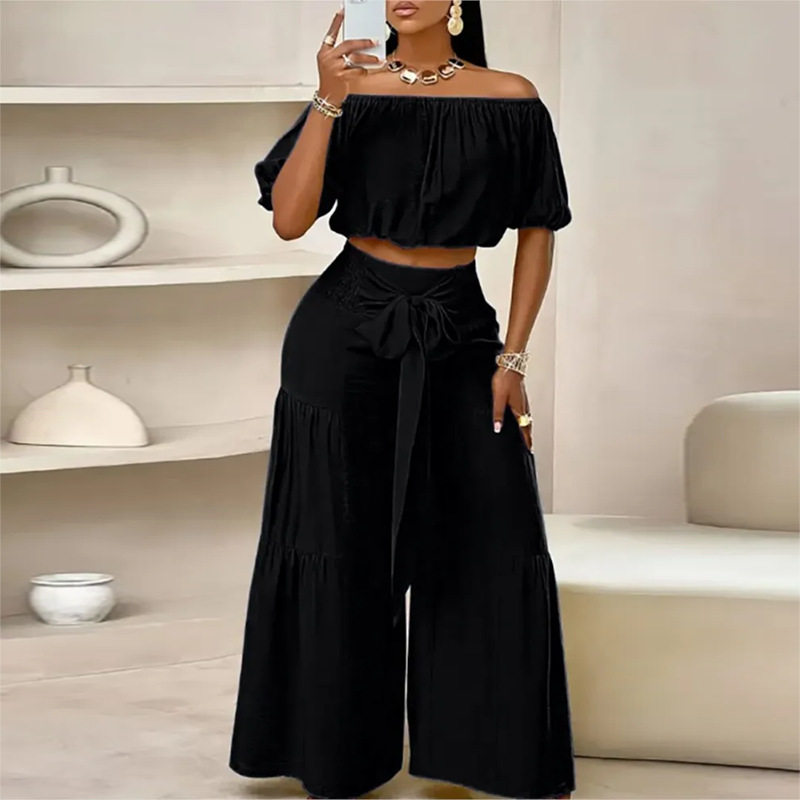 Womens Summer Outfit Set Fashionable Casual Style Solid Color Puff Sleeve Top Wide Leg Pants Wholesale Available