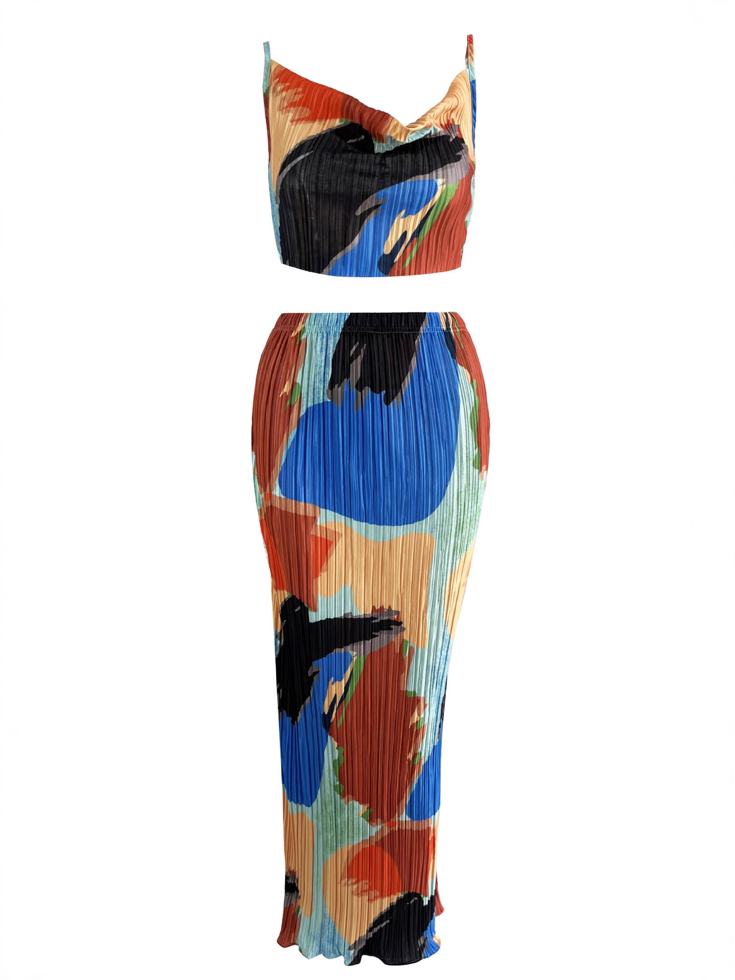European and American Cross-Border Amazon Popular Printed Pleated Two-Piece Suspender Women's Top + Slim Long Skirt Qm025