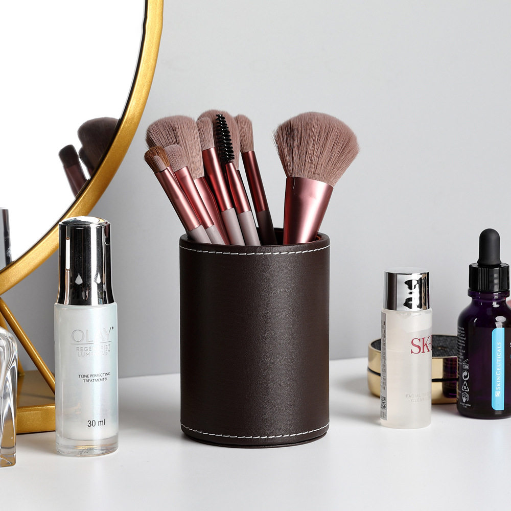 Business Leather Round Pen Holder Desktop Stationery Storage Box Storage Jar Cosmetic Brush Holder Creative Fashion Office Supplies