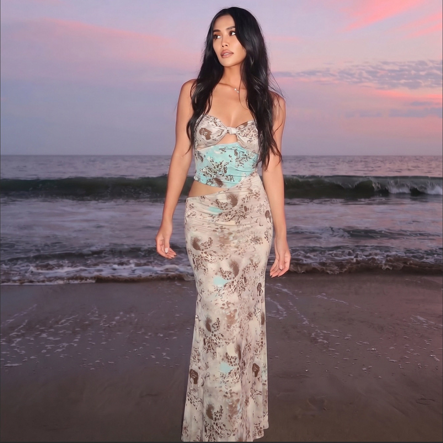 Summer Womens Dress Fashionable Floral Print Unique Patchwork Sexy Hollow Out Bodycon Fit Perfect for Parties and