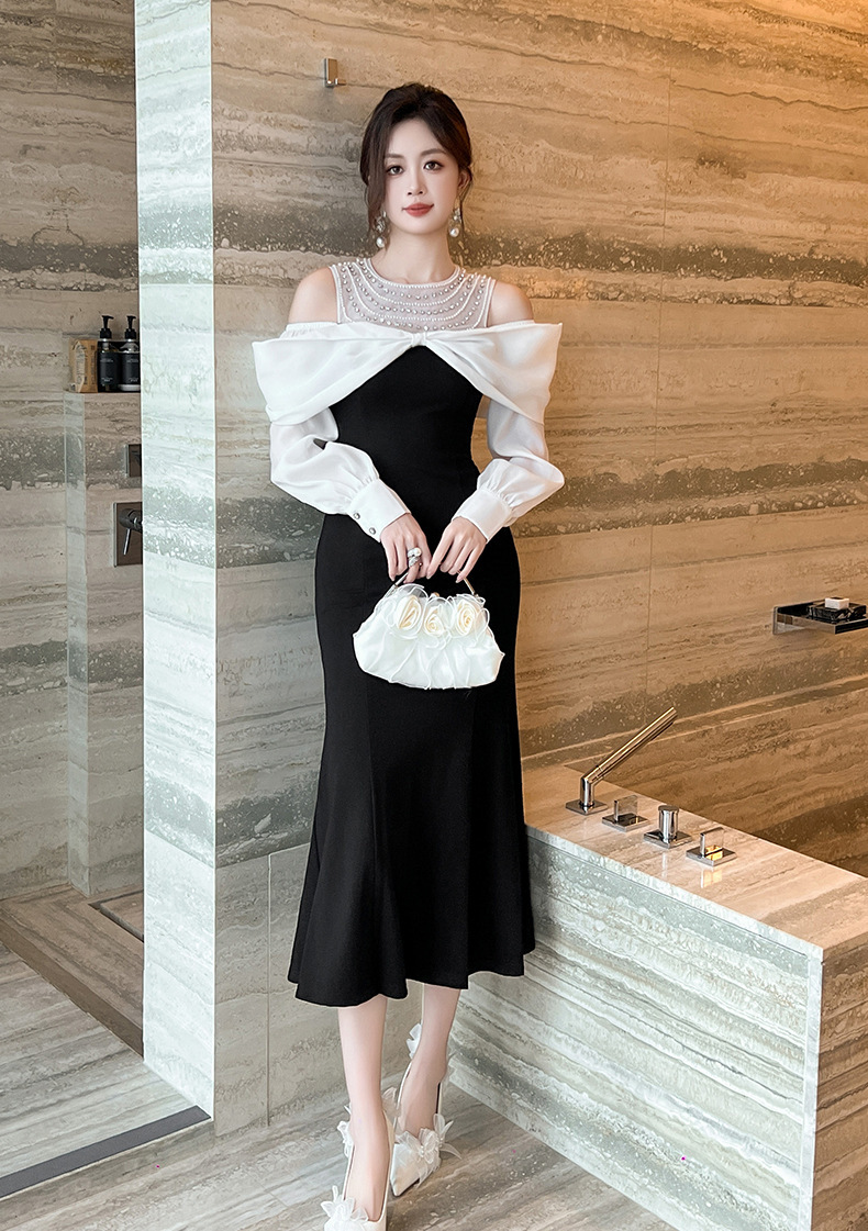 Đầm dài nữ trễ vai thiết kế đuôi cá thanh lịch — Màu đen
