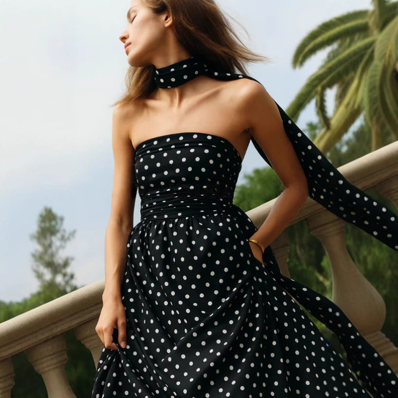 Summer Polka Dot Off Shoulder Dress Sexy Tie Detail Elegant Style Perfect for Parties and Casual Outings Wholesale