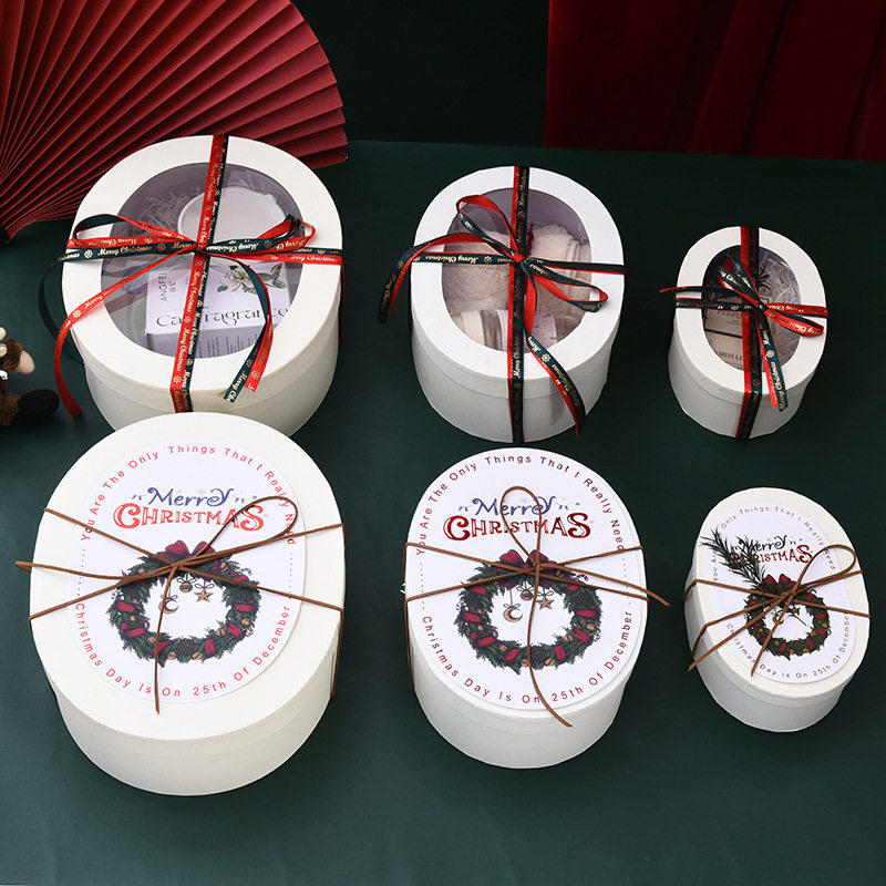 2026 Spring Festival New Year Baking Packaging Box with Bow, Oval Gift Box with Lid and Transparent Large-Capacity Gift Box