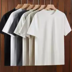 Luxury Trend 250g Pure Cotton Washed Cool Ice Skin T-Shirt Antibacterial Anti-Mite Comfortable Loose Fit T-Shirt Men's Solid Color Basic Style