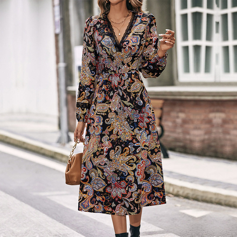 V Neck Floral Long Sleeve Dress Elegant Design European and American Style Perfect for Casual or Formal Occasions