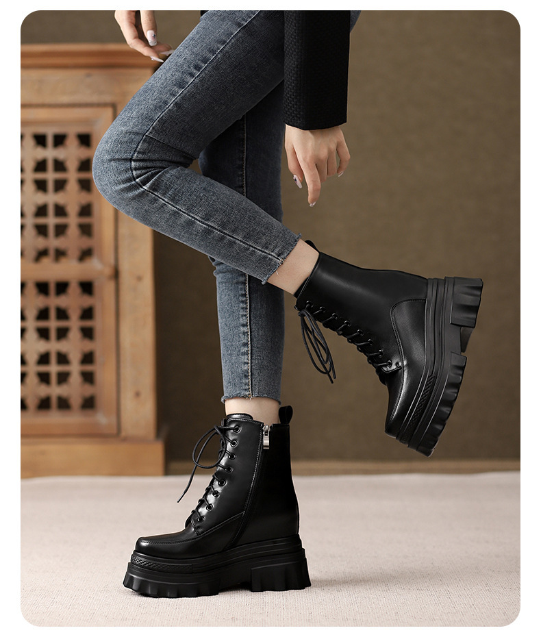 Boot Martin nữ đế dày tăng chiều cao 10cm, cổ thấp gót nêm da bò thật — Lớp lót đơn màu đen, Lớp lót đơn màu nâu sẫm, Lớp lót nhung đen, Lớp lót nhung màu nâu sẫm
