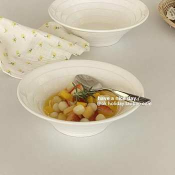 ins Korean Style Pure White Horizontal Pattern Horn Bowl Lamian Noodle Bowl Soup Bowl Porridge Bowl Japanese Style Simple Large Rice Bowl