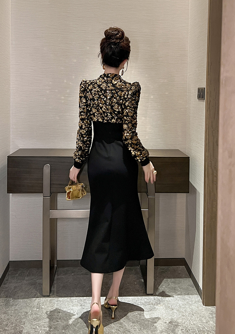 Đầm dài nữ màu đen thắt eo xẻ tà đính sequin dự tiệc — Màu đen