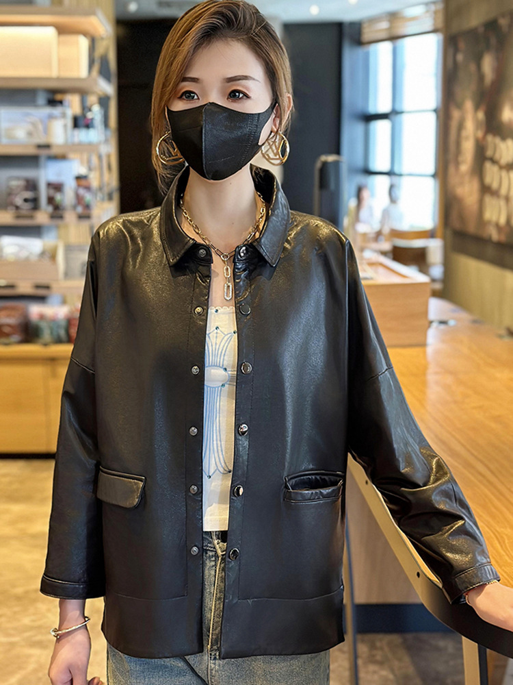 Áo khoác da bò nữ dáng ngắn cổ vuông phong cách casual — Màu đen, Màu đỏ rượu