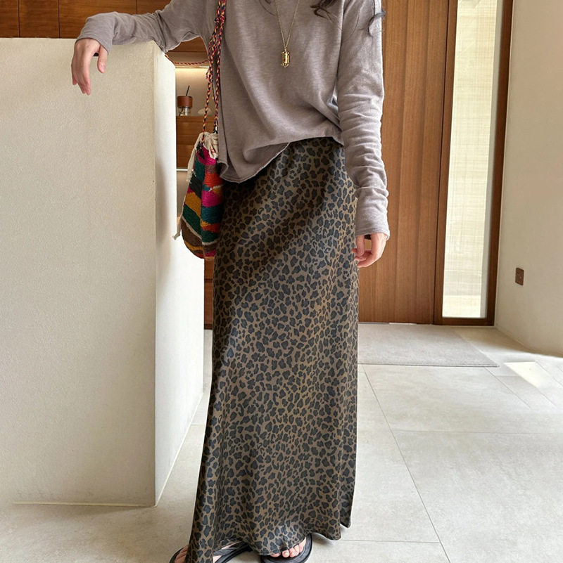 reserved silk leopard print 19mm satin A-line fishtail silky skirt