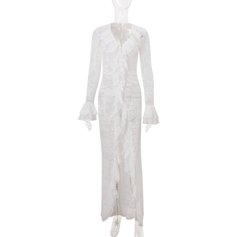 Elegant Lace Long Sleeve Dress Sexy Ruffled Hem Button Detail Split Design Summer Fashion for Parties Wholesale