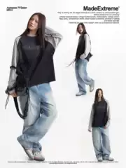 MADEEXTREME 280g Vintage Washed Letter Print Crew Neck Loose Drop Shoulder Long Sleeve T-Shirt